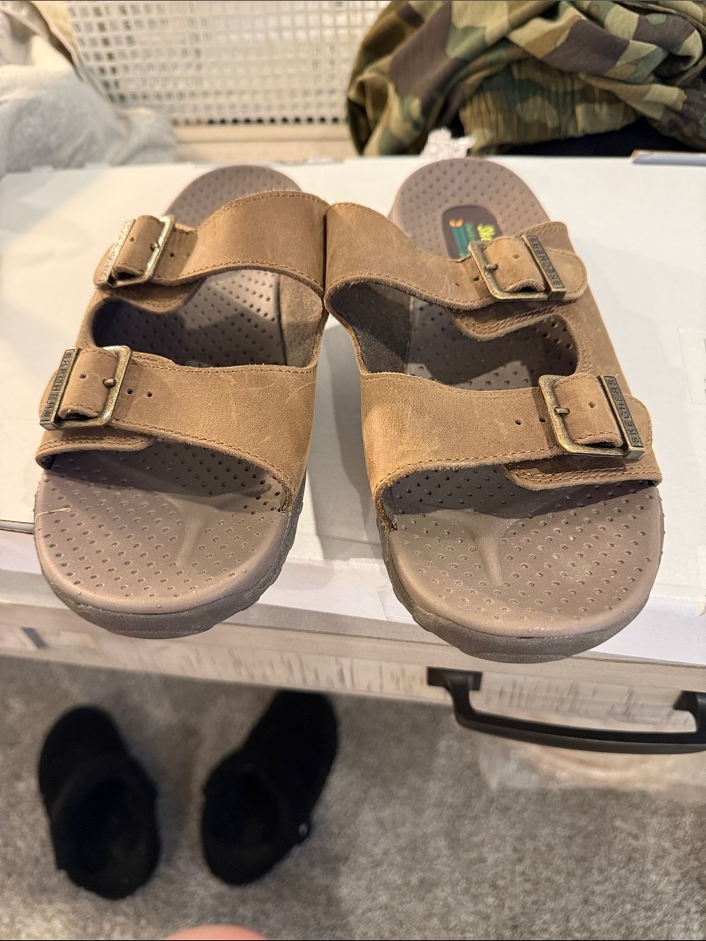 Womens Adjustable Brown Dual-Buckle Slide Sandals